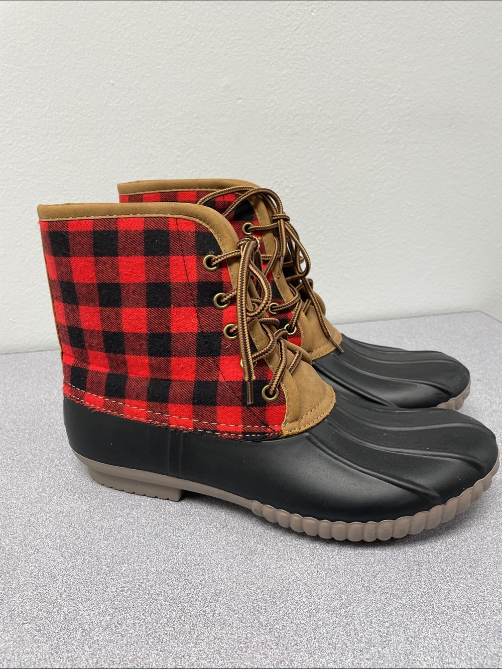 Simply Southern Red and Black Buffalo Plaid Duck Boots with Brown Trim